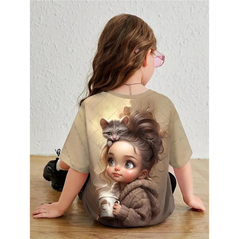 

2025 Персонализированные футболки для девочек с 3D-принтом, летняя мода, топы с короткими рукавами, повседневные футболки, одежда для девочек 160CM