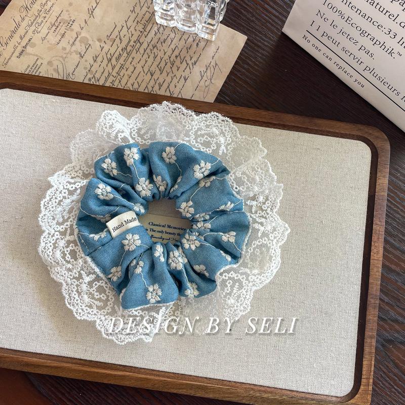 Large Denim Double layered Hair Scrunchies With Lace for Girls and Women Elastic  Hair Bands Nordic Style Hair Accessories