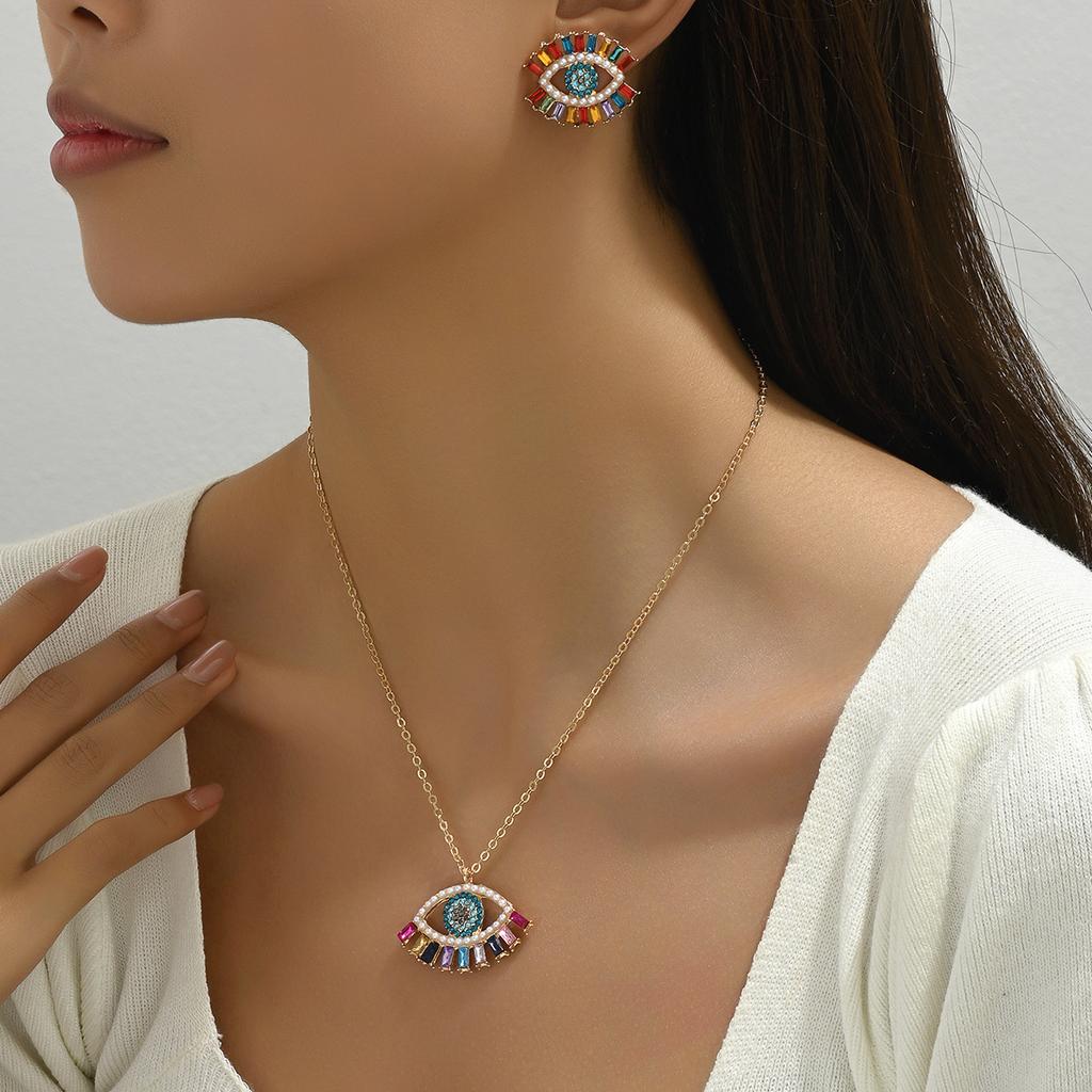 Hip Hop Simple Wind Necklace Earrings Women's Personality Angel's Eye Design Diamond Earrings Versatile Long Necklace