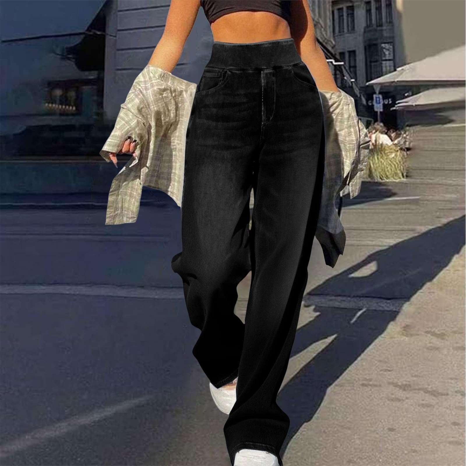 

Женские повседневные свободные удобные модные однотонные джинсы широкого кроя S чёрный