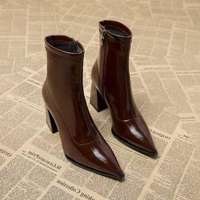 Jesień 2025 Damskie Botki na Wysokim Obcasie Nowe Zimowe Botki ze Szpiczastym Noskiem na Grubym Obcasie Wygodne Buty do Sukienki Kobiety Zapatos De Mujer