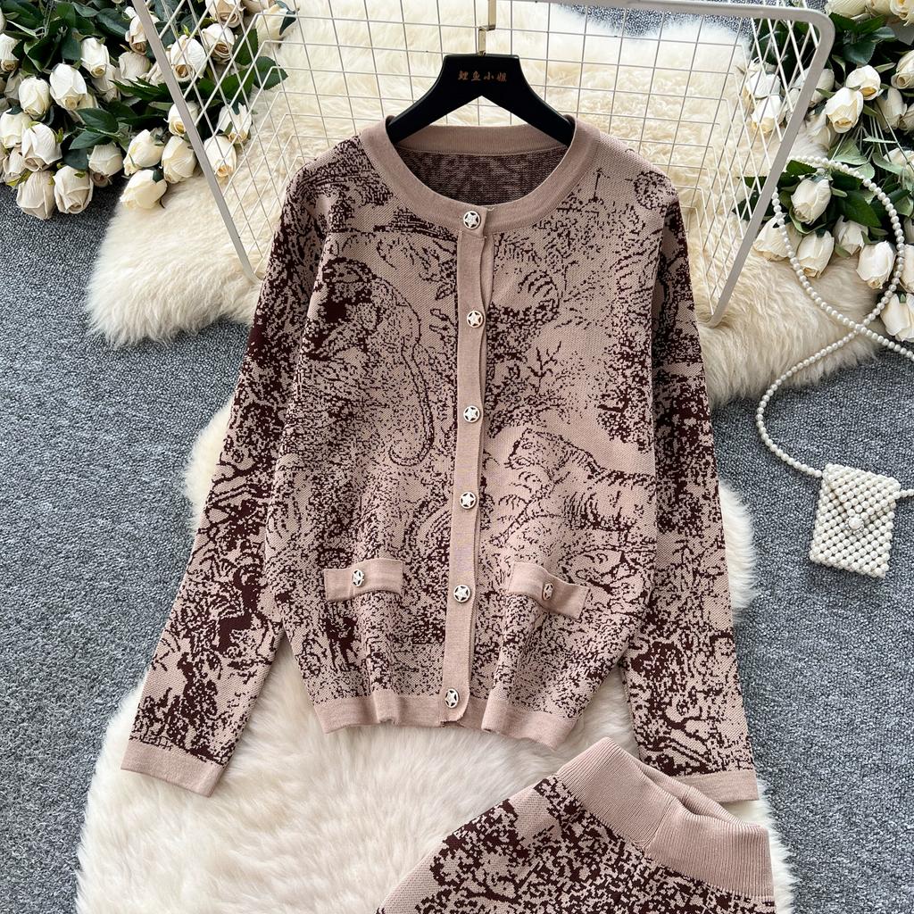 Toamnă Iarnă Femei Designer Vintage Imprimeu Tricotat Pulover Catwalk Set Pantaloni Două Piese Cardigane cu Gât în V Topuri și Costum Pantaloni cu Talie Elastică