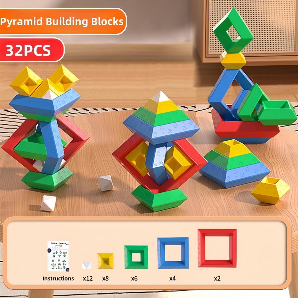 Non-Toxic 32Pcs Building Blocks Pyramid Assembly Puzzle Toys Intellectual Development Brain Teasers Stacker Toy Magic Tower