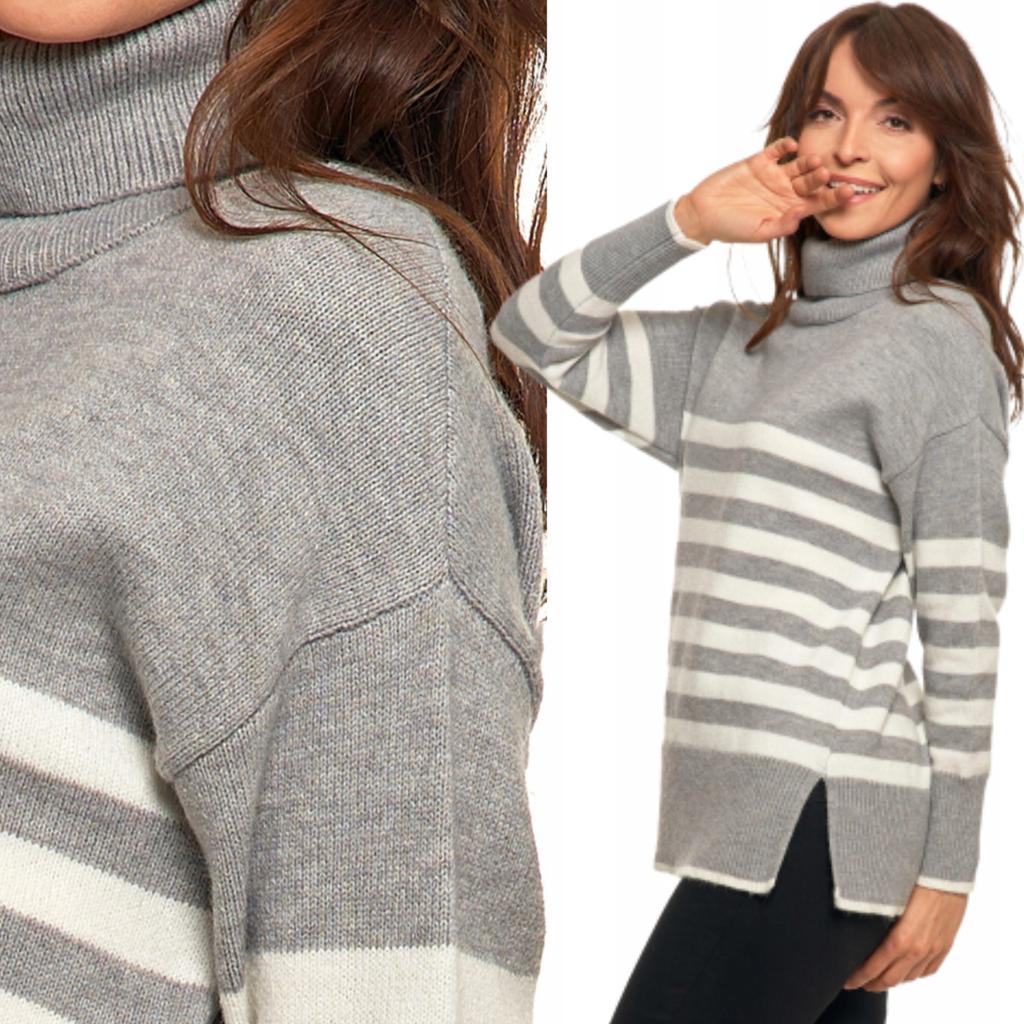 Women's Classic Long Sleeve Striped Turtleneck Sweater MORAJ L Gray
