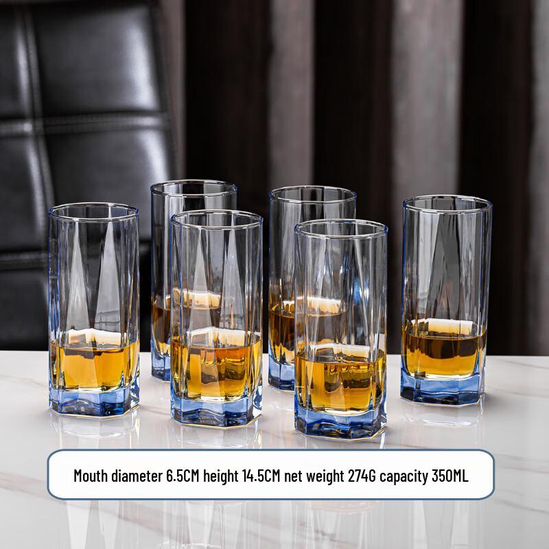 Flevents Gem Blue Octagonal Tempered Glass Drinking Glasses (Set of 6)