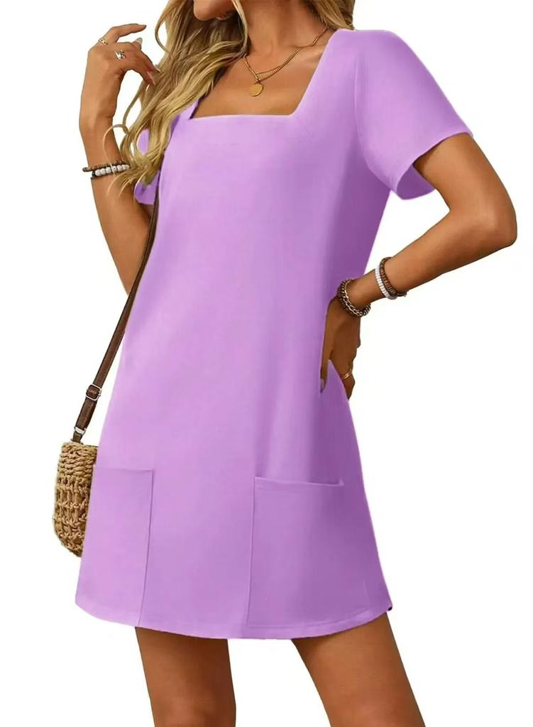 European and American women's clothing square neck short-sleeved fashion short skirt pocket casual dress
