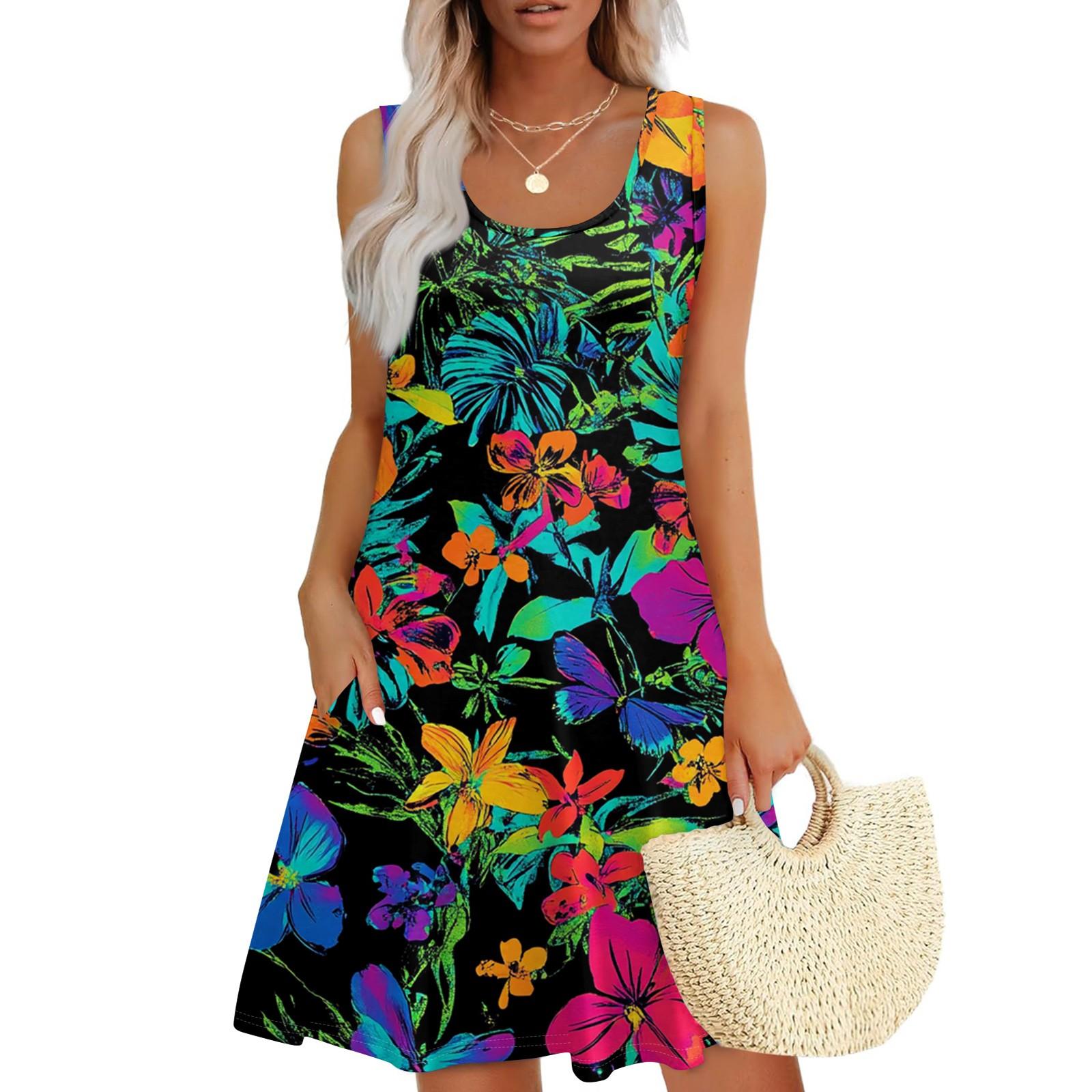

Women s Casual Fashion U-neck Sleeveless Print Dress XXXL ціан