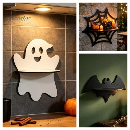 Hollowed Hanging Ornament Halloween Wooden Wall Shelf, Ghost Bat Shape Organizer for Mounted Shelf Home Decor, Spooky Farmhouse Display Rack, Festive