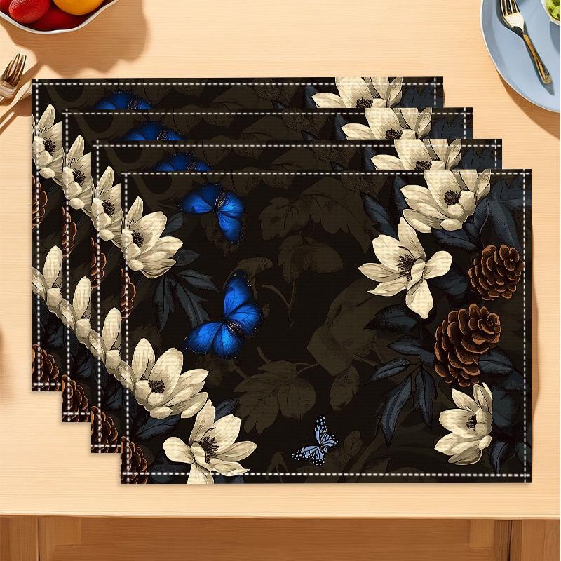 4 Pcs Placemat Table Mat Farmhouse Wind Non-slip Linen Placemats Floral Print Family Party Decoration Machine Washable