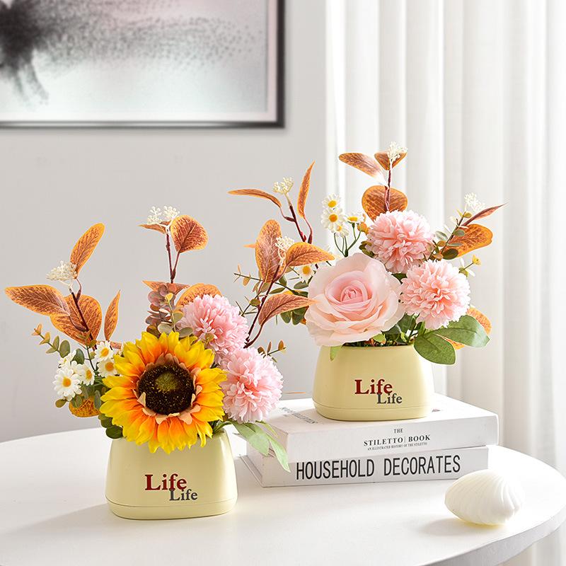 Living Room Decor: Artificial Sunflower and Green Plant Arrangements, Small Potted Plants, and Plastic Bouquets