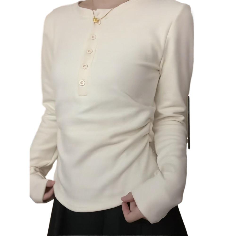 American Hot Girl Buttoned Fleece Long Sleeve Round Neck Slim Fit Women's Winter Top