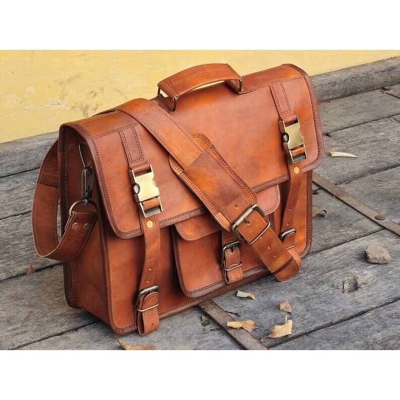 Genuine Vintage Brown Leather Messenger Bag Shoulder Laptop Bag Briefcase