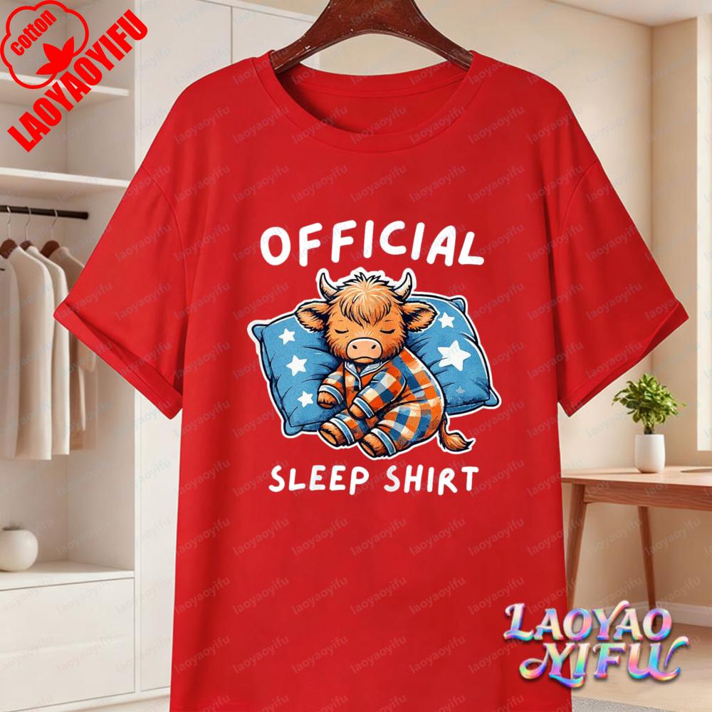 Casual Highland Cow Pajama Cotton TShirt Soft 100 Cotton Sleepwear Graphic Tee Summer Clothes for Women Unisex Loungewear Apparel