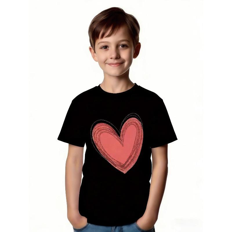 European sizes Fashionable Girls' T-Shirt with Large Heart Pattern | Eye-catching Pink Heart with silvery Outline, Ideal for Summer Casual Wear