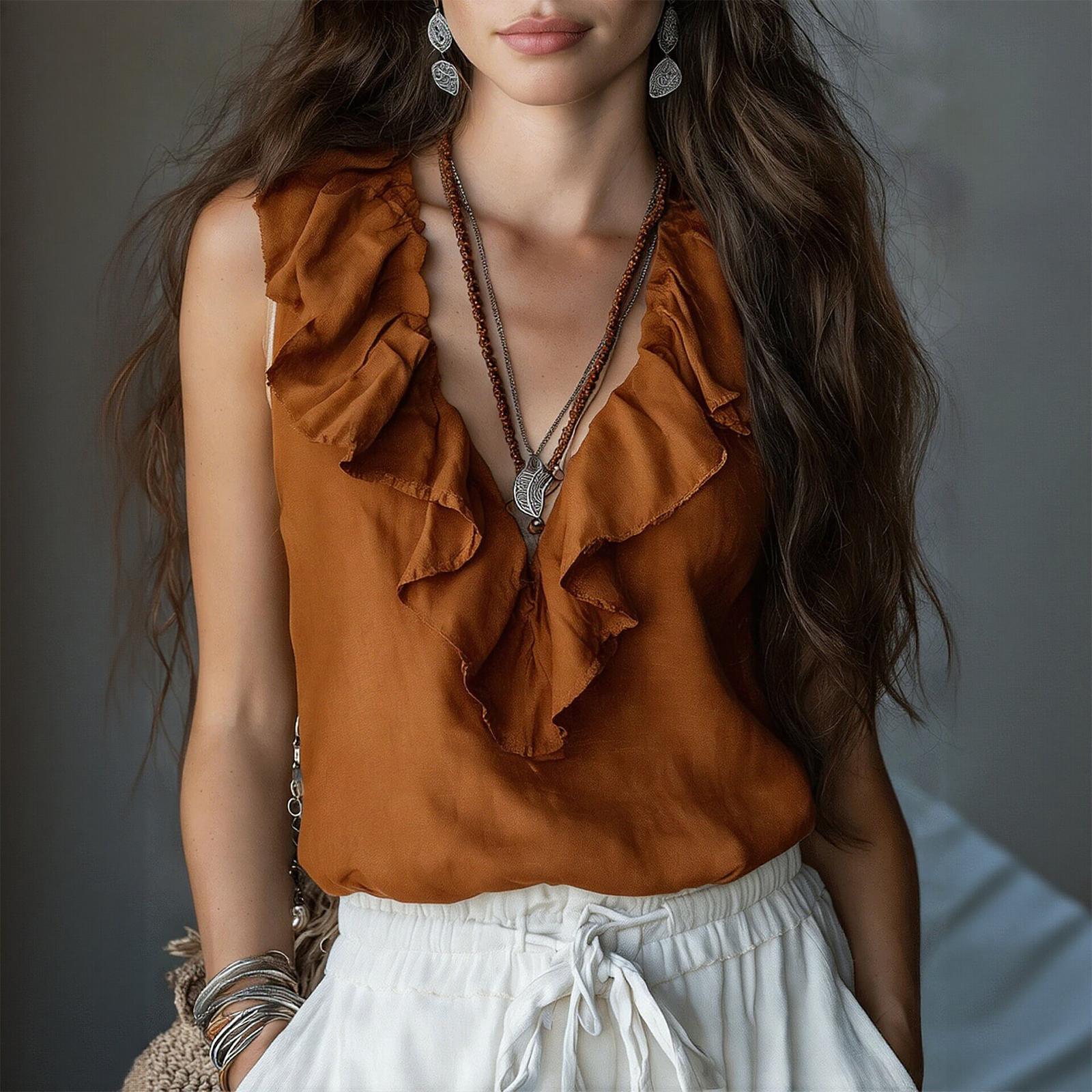 

Women s Casual Wood-Ear V-Neck Sleeveless Shirt Top S