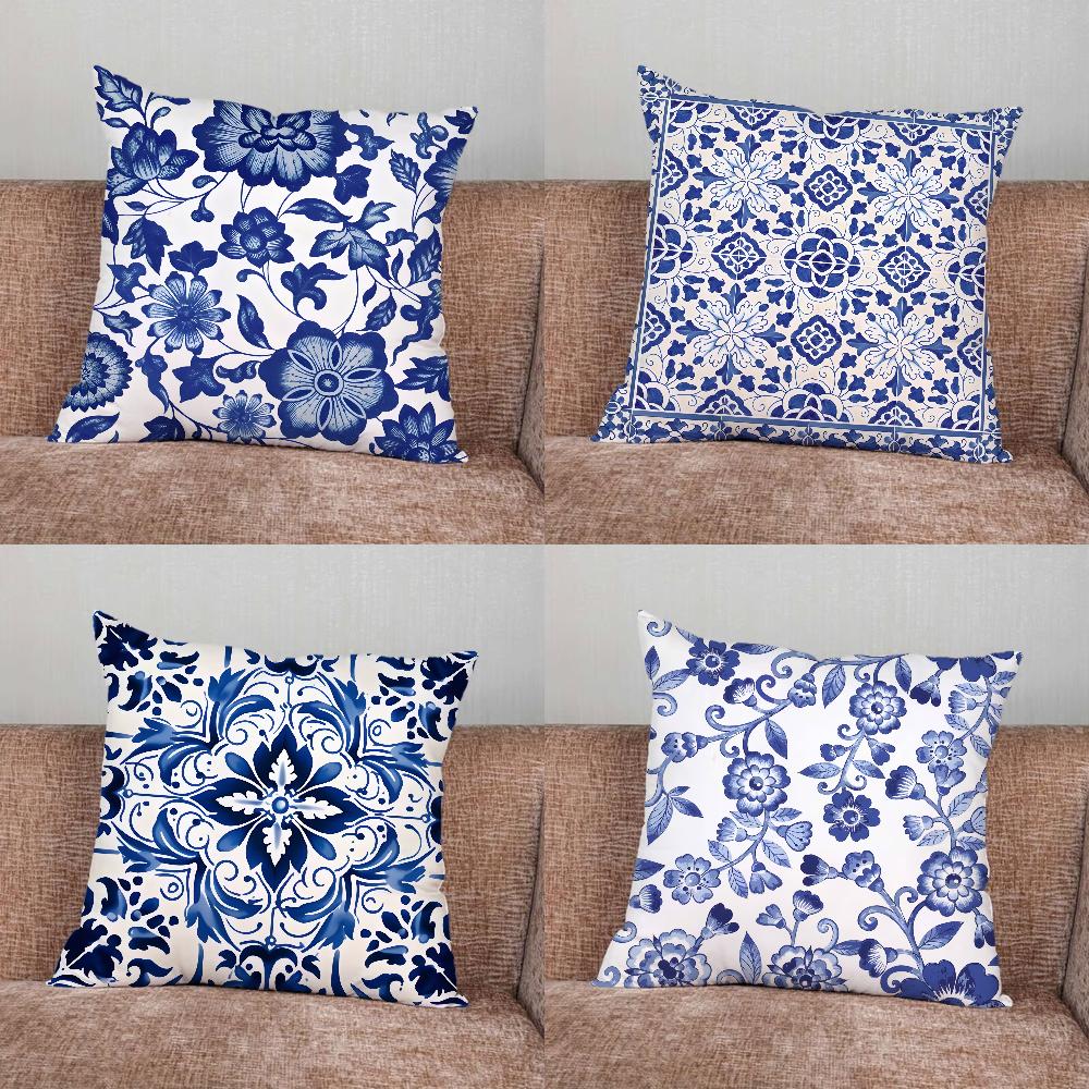 Blue And White Print Pillow Case For Home Bedroom Car Office Decoration Living Room Sofa Cushion Cover Suitable