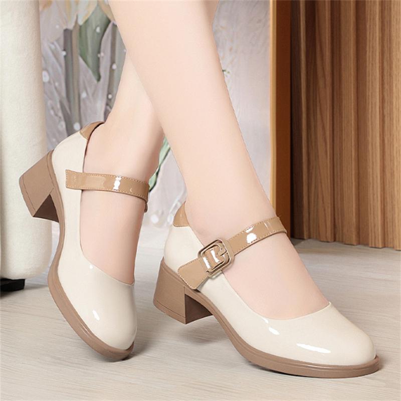 Women Fashion Sweet High Quality High Heel Shoes Female Round Toe Leather Shoes Non-slip Spring Loafers Ladies Party Office Shoe