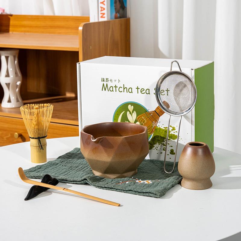 5-8pcs INS coarse pottery gradual change color tea stand matcha bowl set to order tea retro Matcha whisk set of tea tools