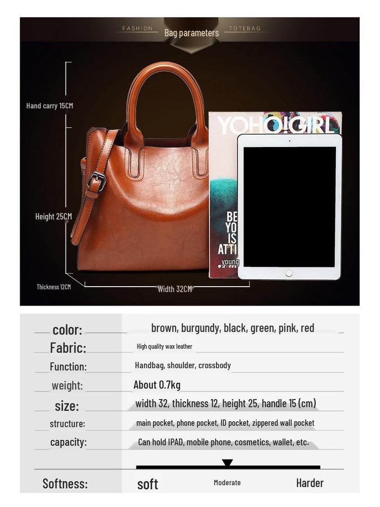 2024 New European & American Fashion Women's Oil Leather Handbag - Simple Versatile Shoulder & Crossbody Bag