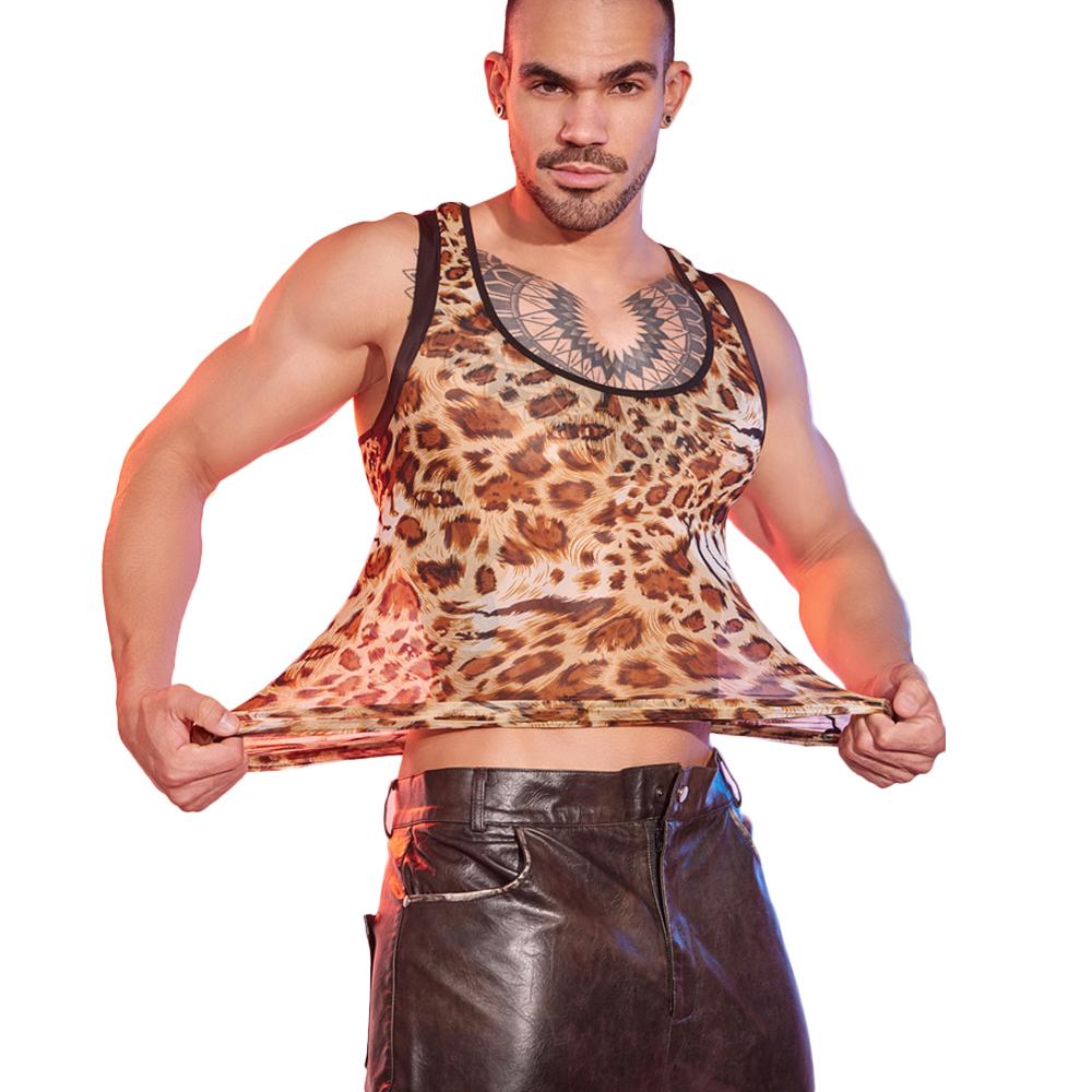 Sexy Men Leopard Thin Tank Tops Shaper Wear Strap Vest Sheer See Through Fashion Top Elastic Breathable Sleeveless Shirt