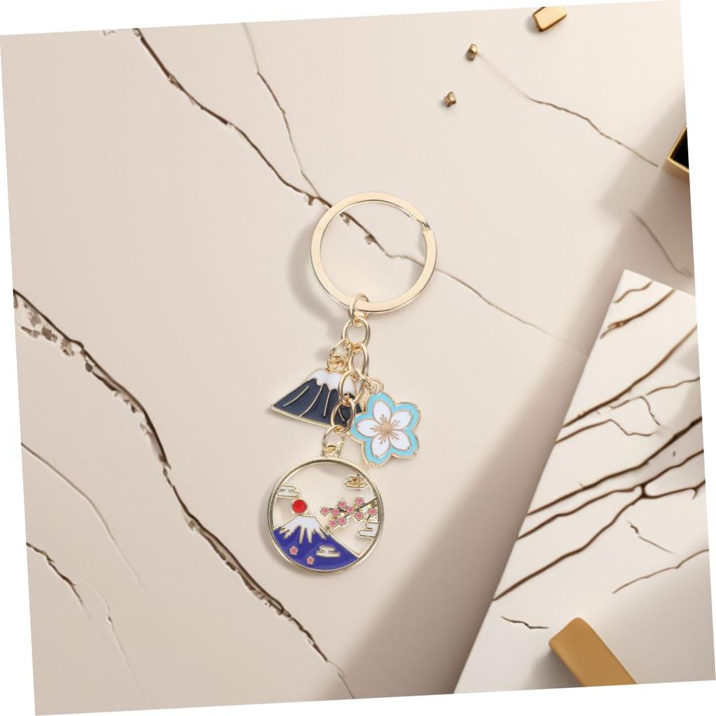 [FRCOLOR] Cherry Blossom Keychains, Set of 5, Enamel Flower and Mount Fuji Motif, Japanese Style, Zinc Alloy, Attachable To Bags, Keys, Wallets, and