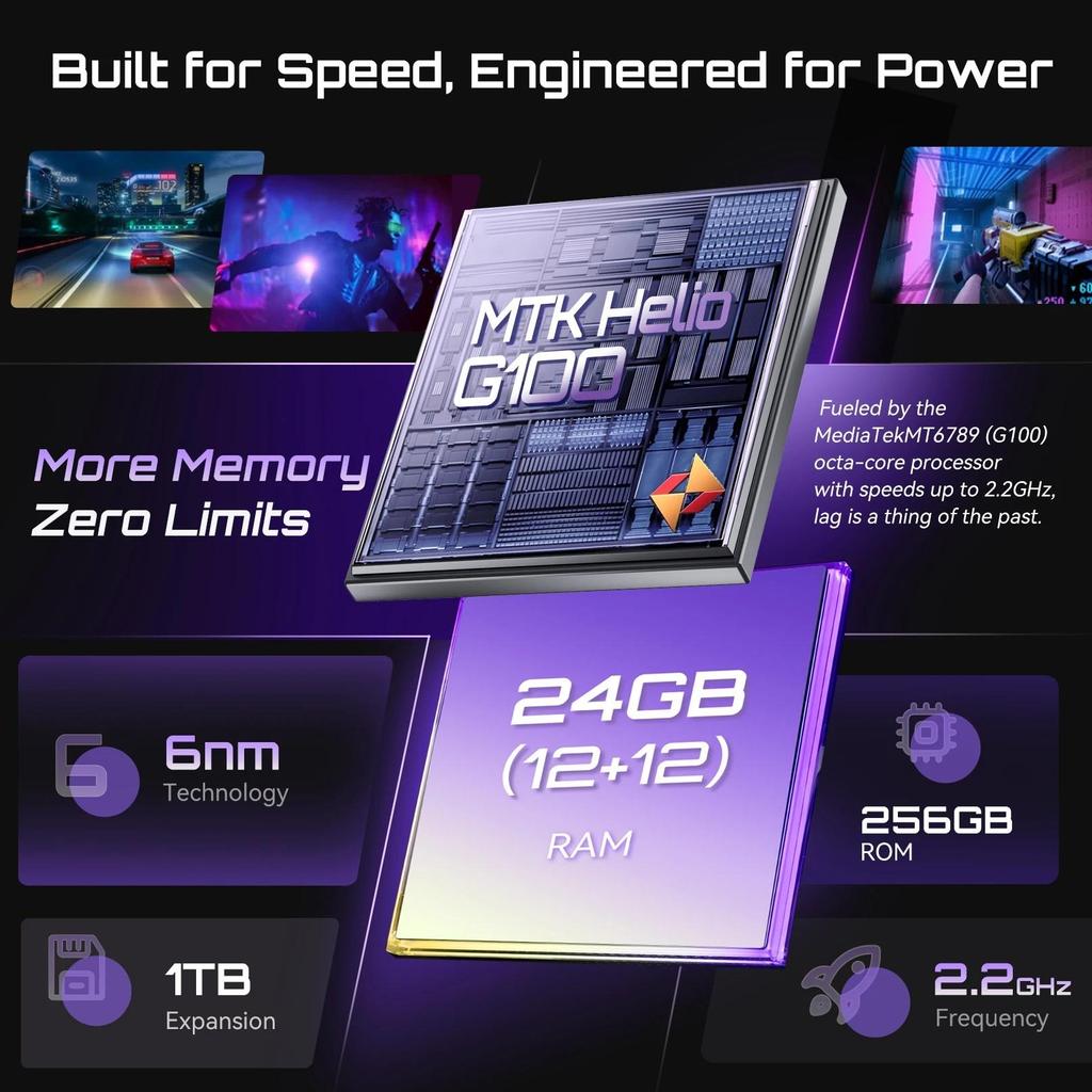 Cubot P90, Smartfon z Androidem 15, 6,88-calowy ekran 120 Hz, 12 GB RAM + 256 GB ROM, MTK Helio G100 ośmiordzeniowy, 2,2 GHz, 64 MP, 5100 mAh, NFC, telefon 4G