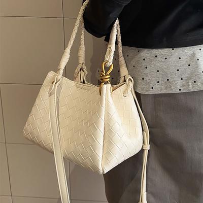 Kabelka typu kbelík, Módní a jednoduchá taška s tkaným vzorem, Měkká kožená dámská kabelka na dojíždění, Univerzální crossbody taška s velkou kapacitou, Dámská
