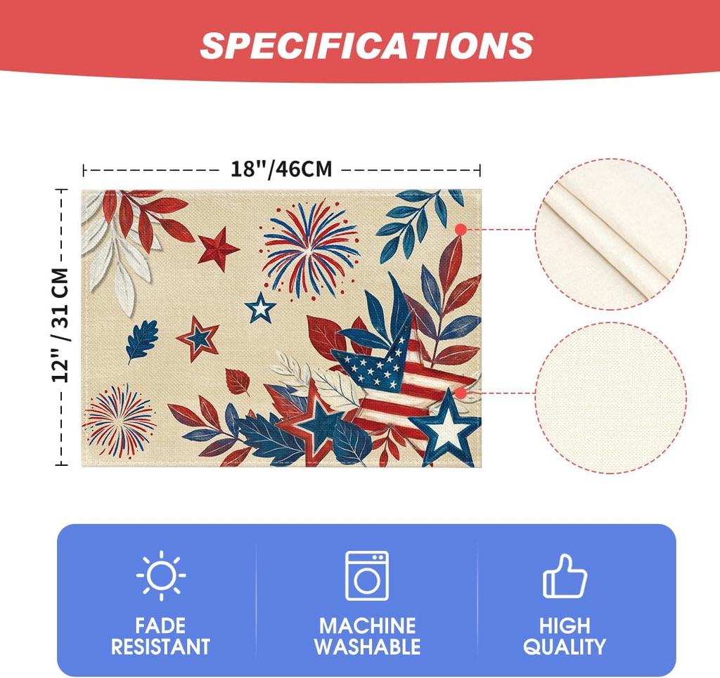 American Flag Stars Leaves 4th of July Placemats Set of 4, 12x18 Inch Memorial Day Patriotic Table Mats for Party Kitchen Dining Decor