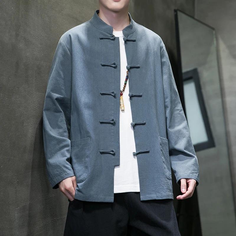 Black White Chinese Shirt Man Linen Tang Suit Spring Autumn Long Sleeve Kung Fu Shirt Traditional Men Blouses