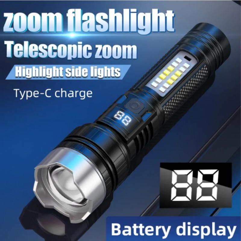 5 Modes USB Rechargeable LED Flashlight Powerful Zoom Torch with COB Side Lights Outdoor Emergency Lantern Camping Portable Lamp