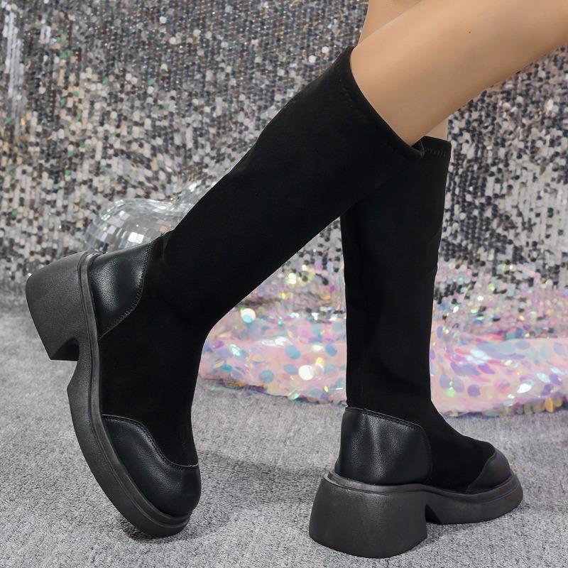 Women's Skinny Stretch Boots Fashion Round Toe Spliced Platform Non-Slip Wear-Resistant Block Heel Mid-Tube Boots