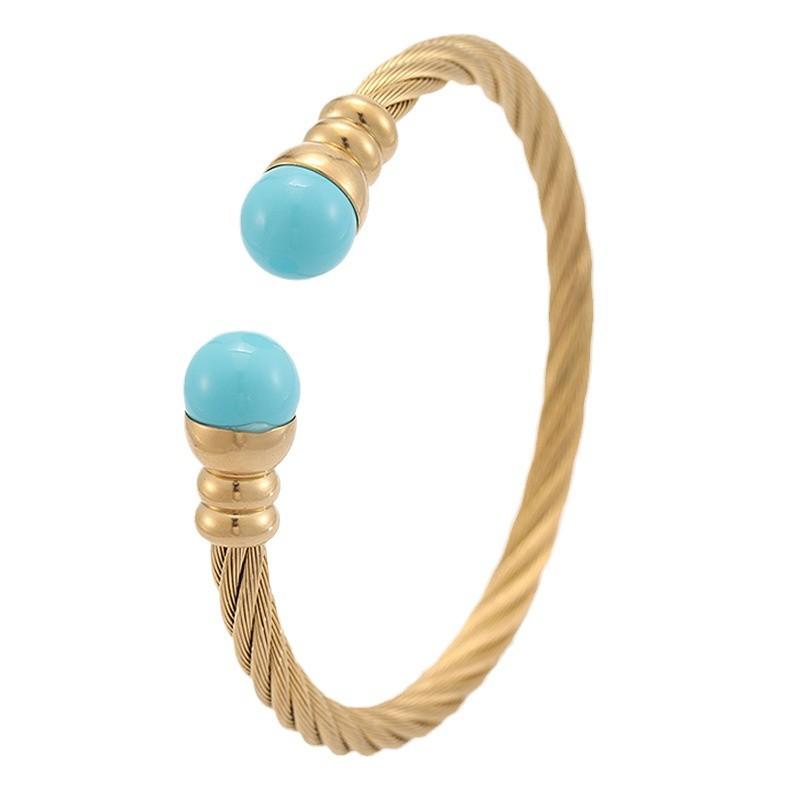 Pearl Steel Wire Opening Titanium Steel  Simple Design European and American Blue Pearl  K Gold Electroplating 