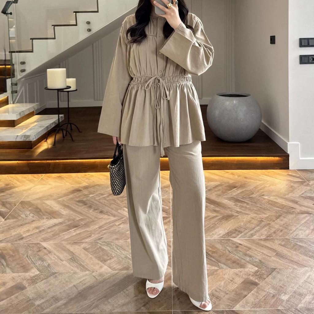 European and American Amazon Women's New Crew Neck Long Sleeve Drawstring Waist Top High Waist Wide Leg Pants Casual Suit
