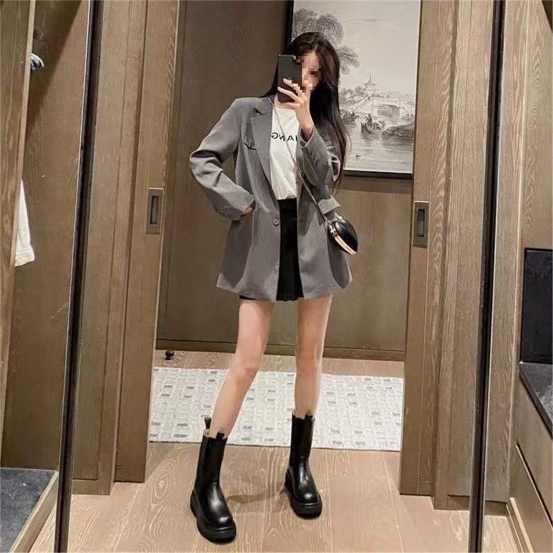 The same Martin boots women's British style spring and autumn single boots locomotive medium tube cigarette boots thick-soled Chelsea short boots
