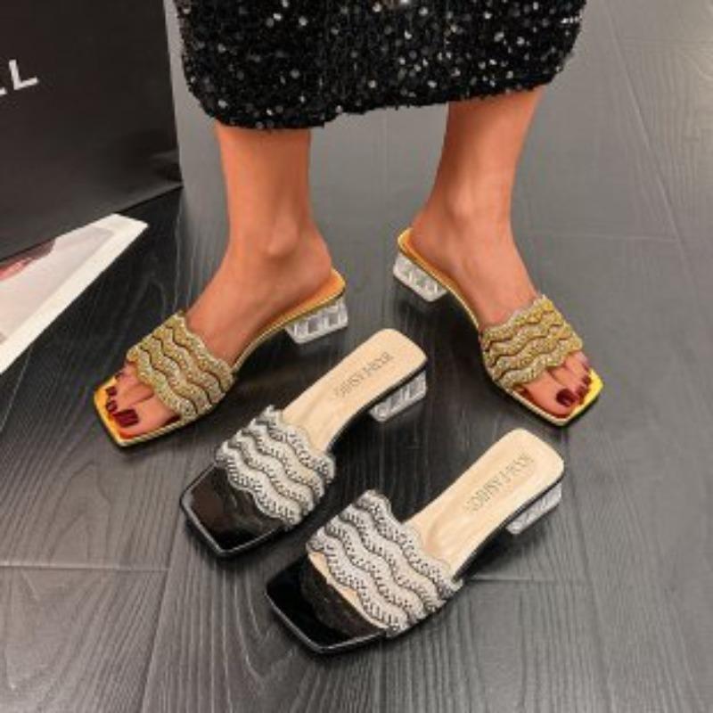 Fashion Plus Size 2025 Summer Modern Women's Open Toe Slippers Elegant Square Toe Rhinestones Med Heel Sandals Fashion Dress Slippers