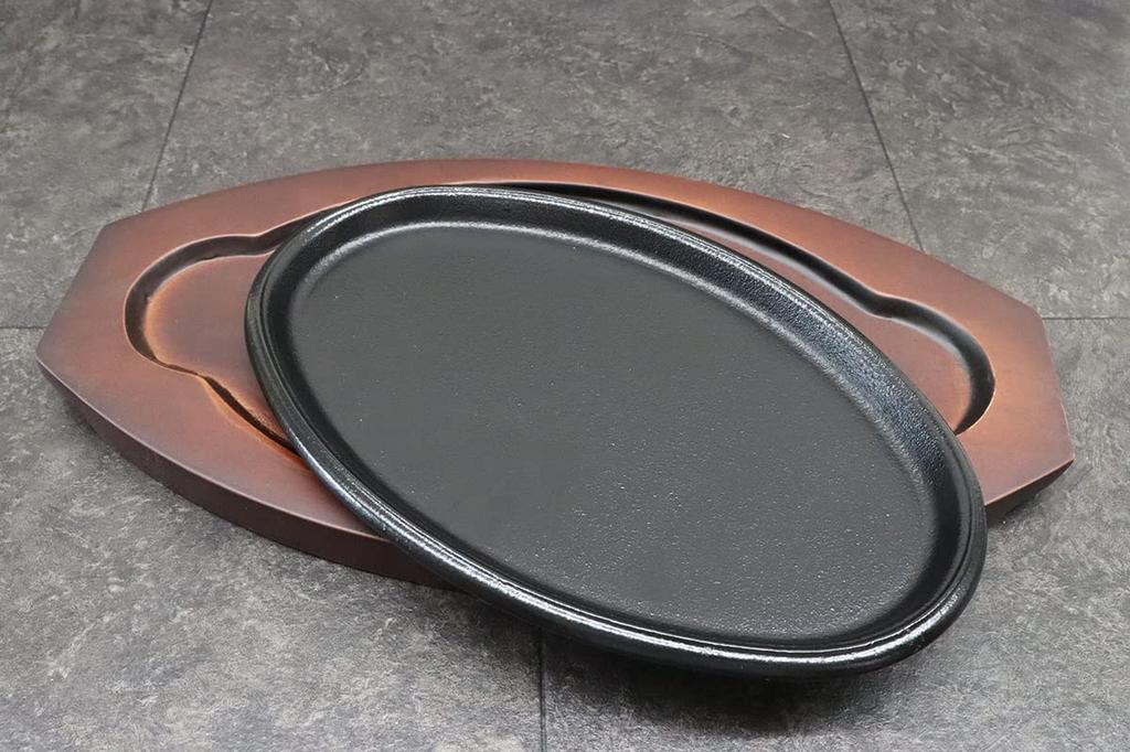 Asahi Steak Plate (with Wooden Base), Cast Iron, New Oval, Induction Compatible, Commercial Use