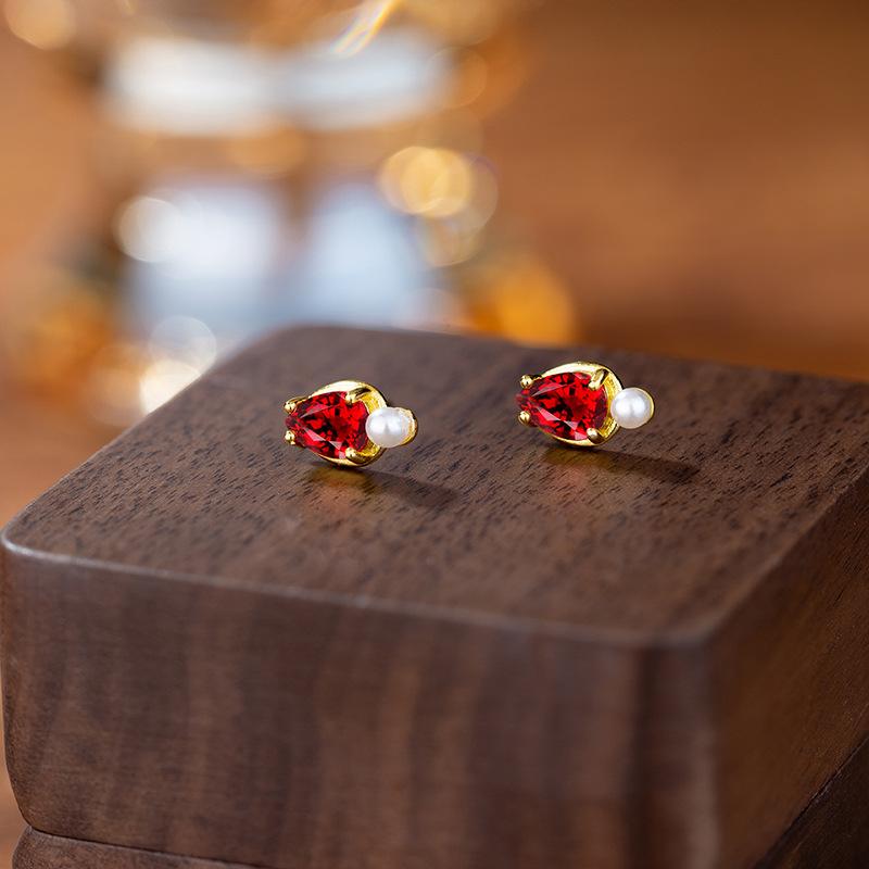 Cercei cu zirconiu roșu strălucitor, cu picătură de apă, cercei pentru femei, cu temperament retro, imitație de perle