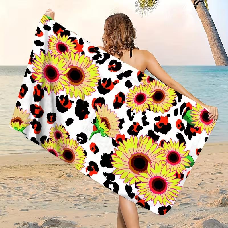 Sunflower Leopard Print Beach Towel Quick Dry Lightweight Absorbent Boho Floral Animal Pattern Towel for Summer Vacation