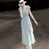 Lanshaer 2026 Summer French Elegance V-neck Tie-Waist Slimming Midi Dress