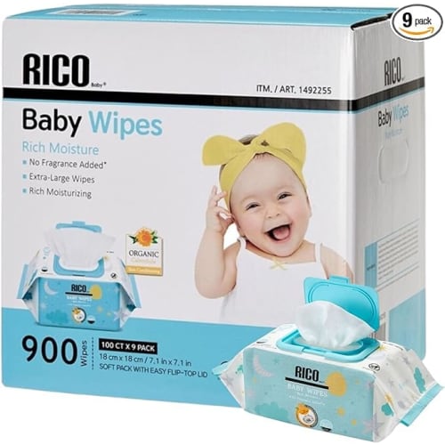 RICO Baby Wipes, 900 Count (100 Count X 9 Packs), Costco, Large, Thick, Unscented