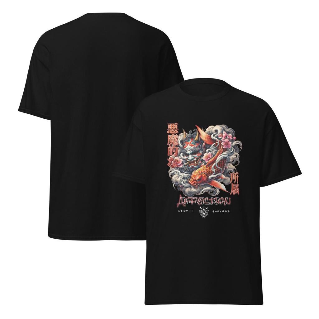 Traditional Japanese Graphic T-Shirt, Oni Mask and Koi Fish Design, Artistic Asian Mythology,, Cultural Heritage Fashion