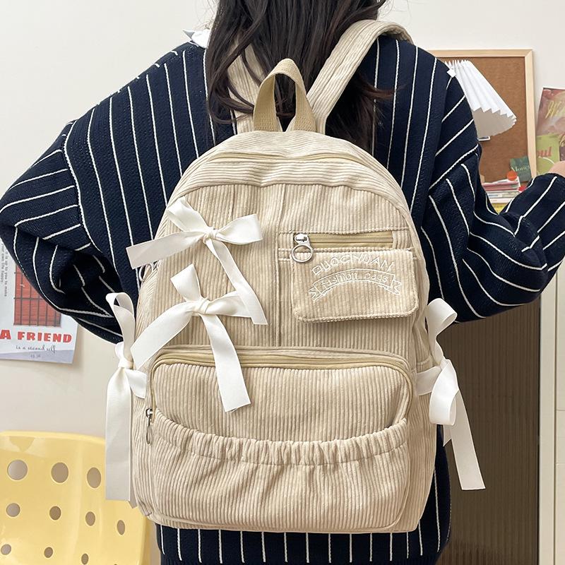 Girls' Corduroy School Backpack with Ribbon Bow - Perfect for High School and College