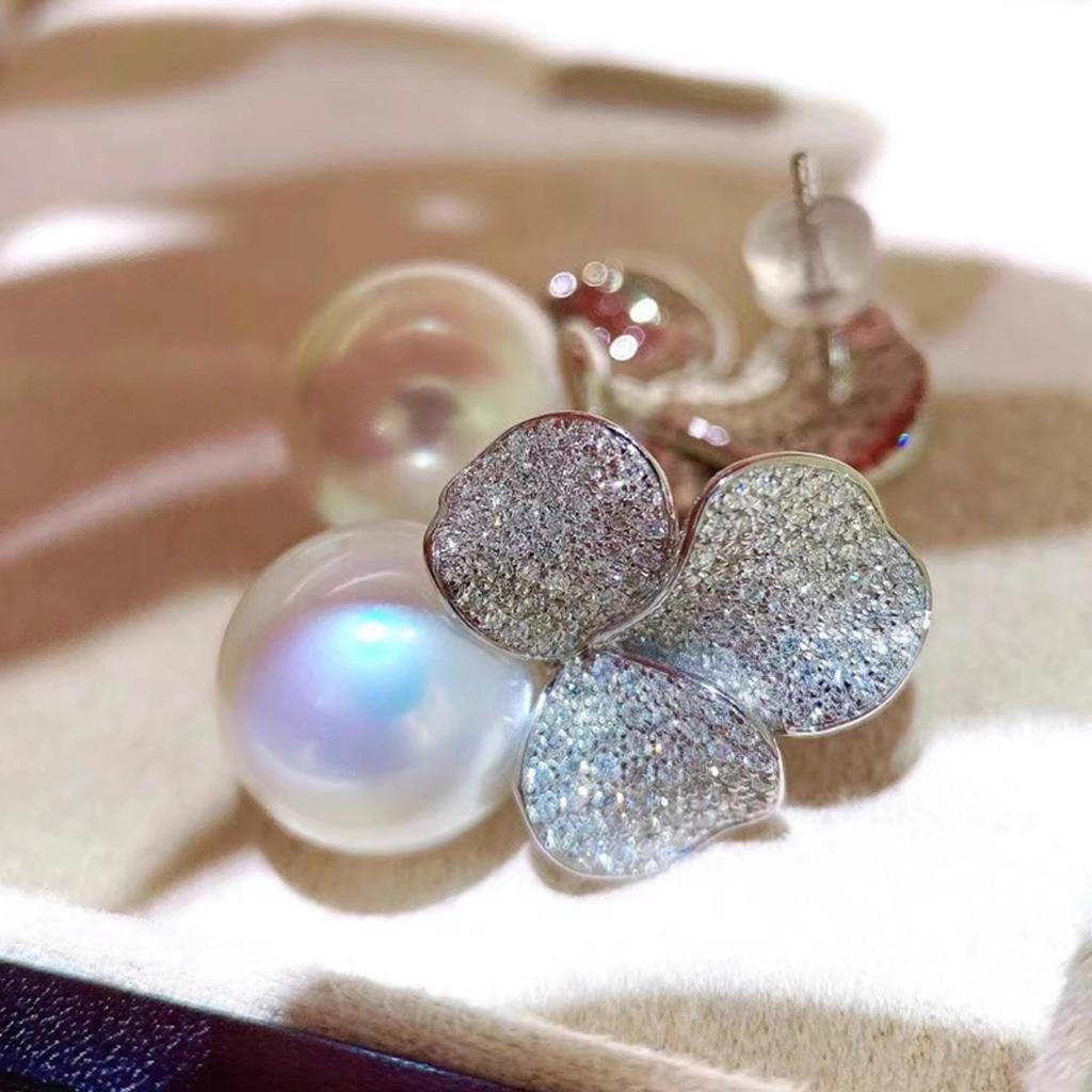 Three Leaf Clover Full Paved Zircon Imitation Pearl Stud Earrings