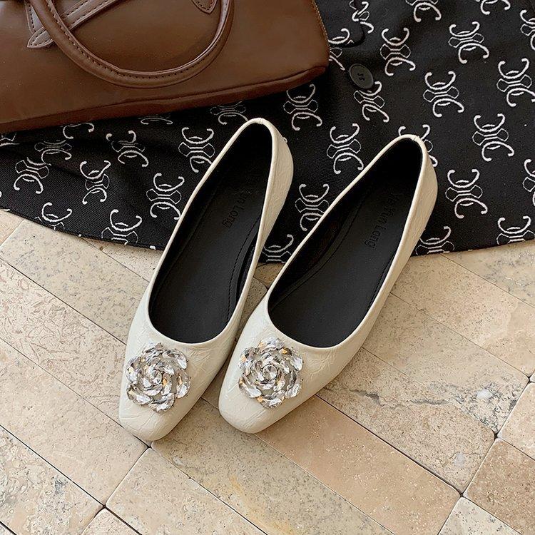Spring new French Mary Jane shoes women's British style thick heel satin surface rhinestone flower style low heel shoes