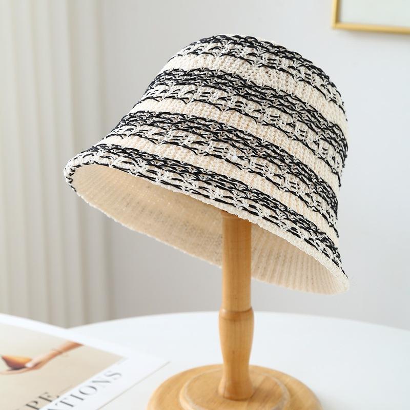 Women's Spring/Summer Outing Hollow-Out Striped Fisherman Bucket Hat Face-Slimming Sunhat Contrasting Color Stripe Fisherman Cap