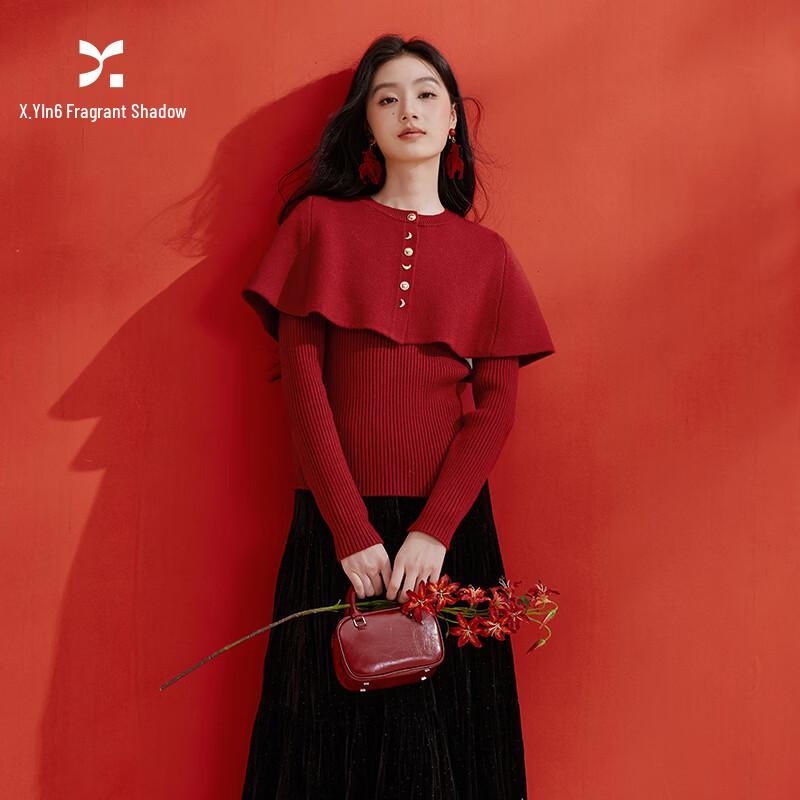 Xiangying Women s New Year Red Cape Sweater Set L