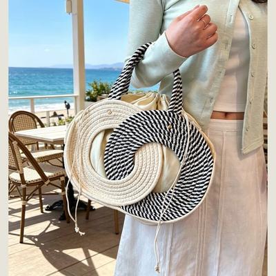 Striped Contrasting Cotton Rope Woven Round Straw Bag