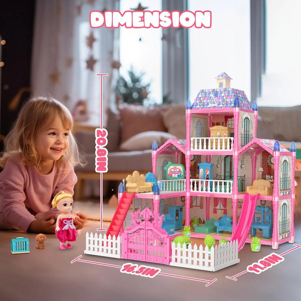 Doll House for Girls 2/8 Rooms Dollhouse with Dolls Figure Furnitures LED Light Toddler Playhouse Chrsitmas Gift for Kids Child