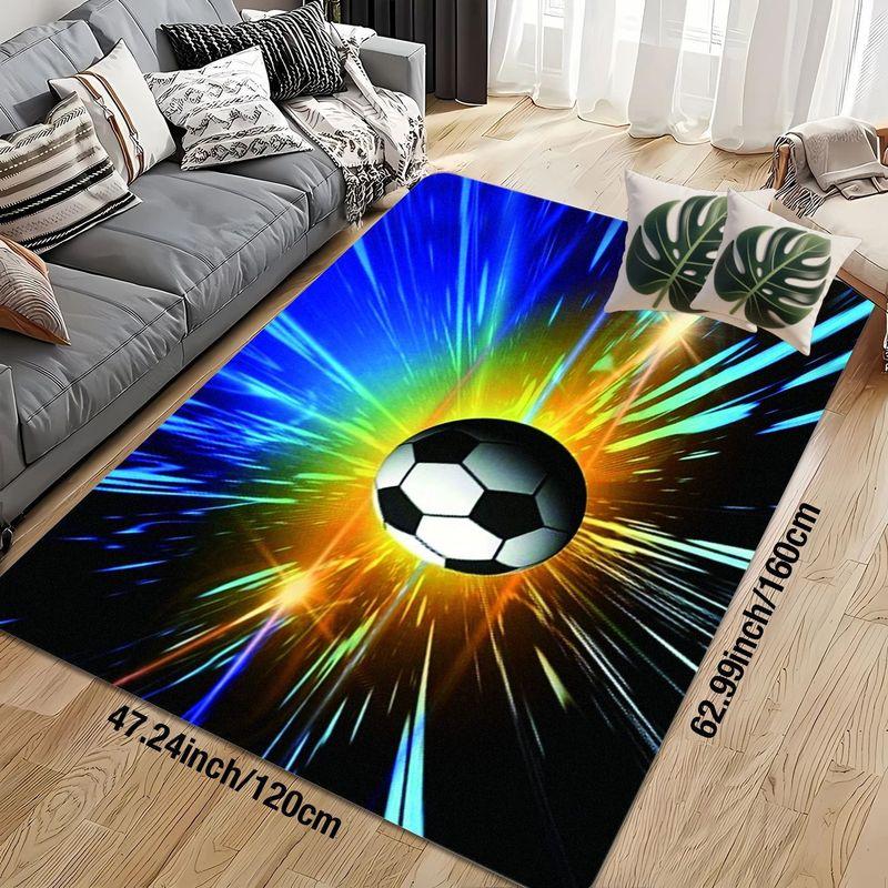 Flannel Printed Soccer Ball Explosion Rug 3D Space Effect Design Soft Fleece Floor Mat Living Room Carpet Sports Fan Decor Rugs