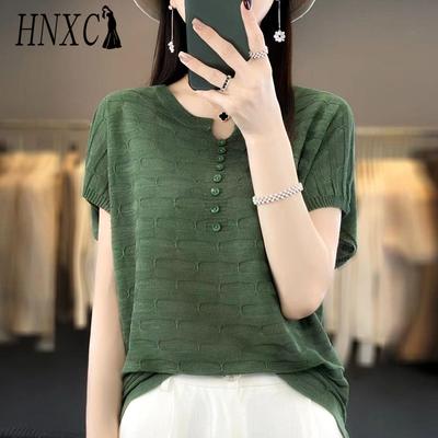 Linen Ice Silk Top, Solid Color Knitted Sweater, Summer Slimming, Large Size, Round Neck, Thin Sheer Mesh
